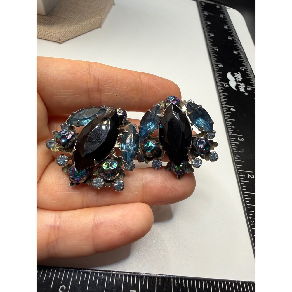 Judy Lee Vintage Clip‎ On Earrings Black AB Blue Rhinestone Silver Tone Signed